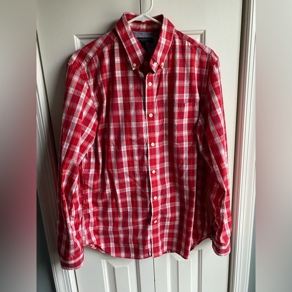 Banana Republic Men's Button Down Red Plaid Shirt Soft Wash Slim Fit Size Medium